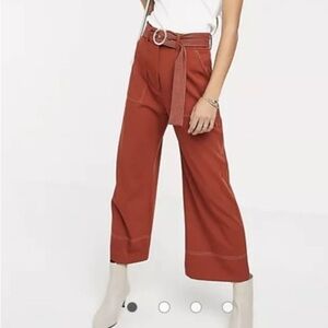 River Island wide leg pants with contrast stitching in rust - size 14